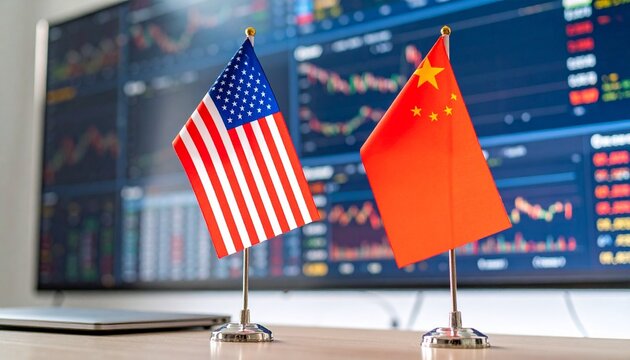 USA–China flags beside stock monitors, symbolizing economic scrutiny and trade power dynamics