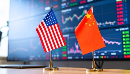 USA–China flags beside stock monitors, symbolizing economic scrutiny and trade power dynamics