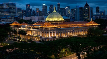 Fototapeta premium Illuminated historical building at twilight in a bustling city.