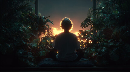 Silhouette of person meditating by window surrounded by plants at sunset
