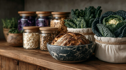 Rustic pantry shelf with leafy greens, bread, and glass jars of grains
