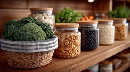 Glass jars of grains and legumes on wooden pantry shelf with broccoli
