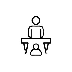 Two people at a desk with one person behind the desk icon table