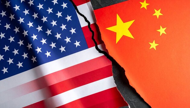 Torn USA–China flags, symbolizing fractured relations and geopolitical divide