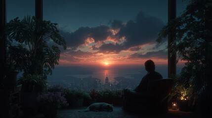 Person watching sunset over city skyline from peaceful indoor garden
