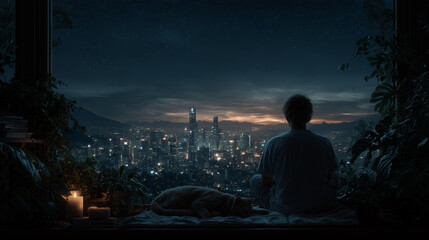 Person sitting with dog at night overlooking illuminated city skyline
