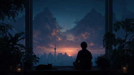 Person watching sunset over city skyline from peaceful indoor garden
