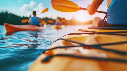 Recreation Group of friends paddling kayaks on a calm lake, having fun and recreating together.