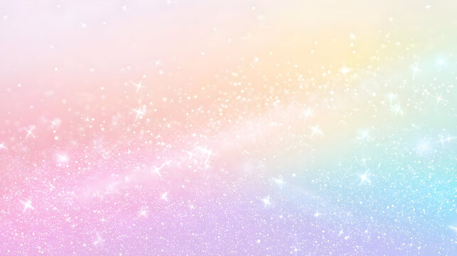 Delicate pastel rainbow background with sparkling glitter.  Soft, glowing, and ethereal, with a subtle ombre effect, featuring a multitude of tiny glittering stars
