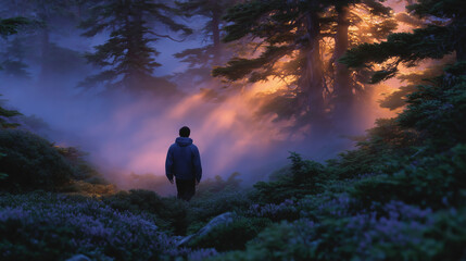 Person walking through misty forest illuminated by magical golden light
