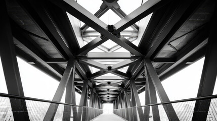 Steel bridge structure with crisscross pattern and open sky