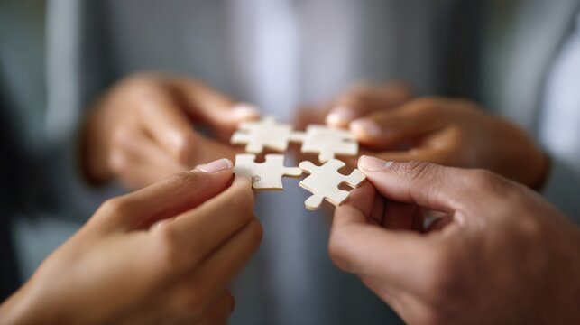 Teamwork in Action with Wooden Puzzle Pieces in Business Setting