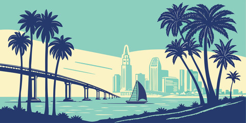 A vibrant San Diego skyline vector in silhouette style with the Coronado Bridge, One America Plaza, and palm trees © Ashes Studio