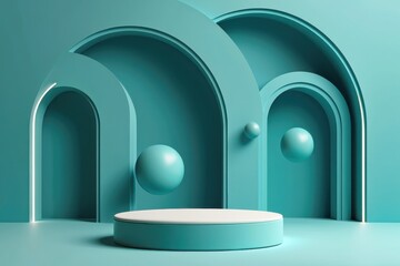 Modern teal archway stage with floating spheres and pedestal