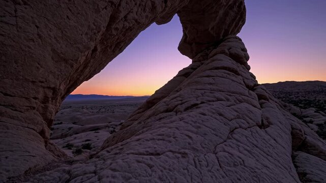 A stunning video frame of a natural rock arch at sunset, captured from a low angle, highlighting the textured formations against a colorful sky. Live desktop wallpaper.