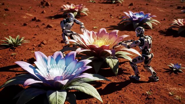 Robots explore alien planet with vibrant flora on red soil landscape