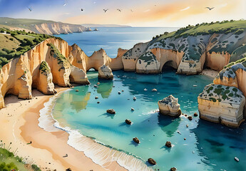 Watercolor painting depicts a serene cove in the Algarve, Portugal, bathed in soft dawn light. Majestic limestone cliffs encircle the turquoise waters, with natural arches carved by the sea. 