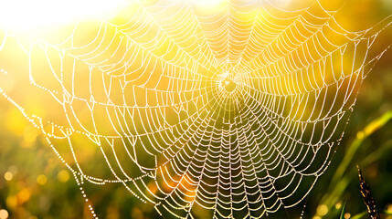 Dew-kissed spiderweb in vibrant sunlight.  Delicate threads, glistening with morning dew, form a complex web, illuminated by the sun's rays.  Blurred background of grass and out-of-focus light