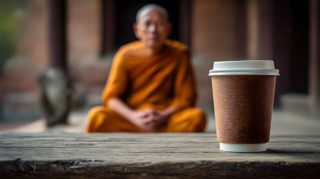 portrait of monk drinks coffee