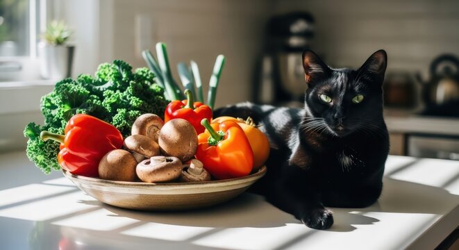 Regal Black Cat Lounging Beside a Sunlit Bowl of Vibrant Vegetables - Powered by Adobe
