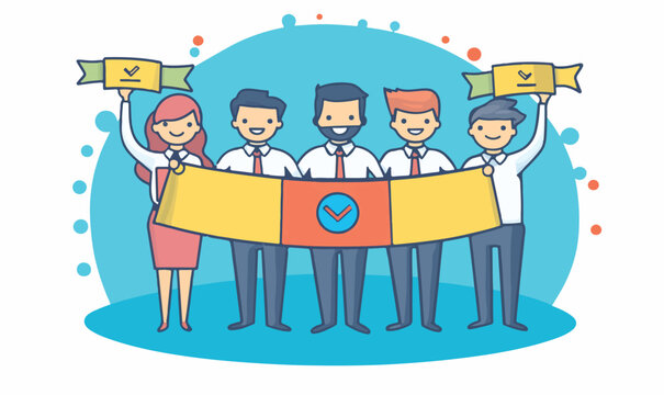 Celebrate successful teamwork with diverse team holding checkmark banners and a banner of success