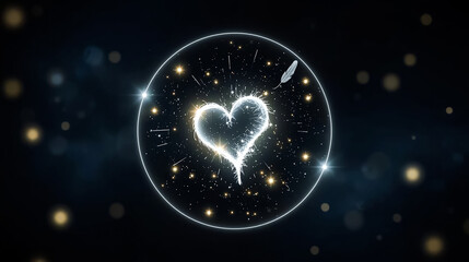 Dreamy Glowing Heart Inside a Magical Circle with Sparkles and Feather on Dark Background – Symbol of Love, Fantasy, Magic, Emotion, and Romantic Energy in Digital Art

