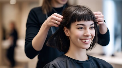 Woman enjoying a haircut at a modern salon with a stylist