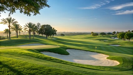 Obraz premium Serene view of a beautiful landscape with grassy knolls, sand traps, and palm trees under a tranquil sky.