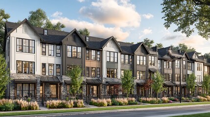 Obraz premium Modern Contemporary Townhouses in a Row on a Landscaped Suburban Street at Sunset with a Blue Sky