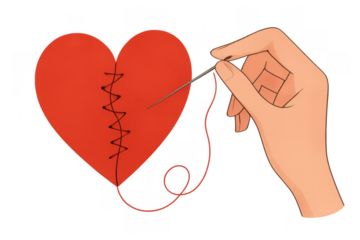 Hand Sewing Broken Red Heart with Needle and Thread on Transparent Background