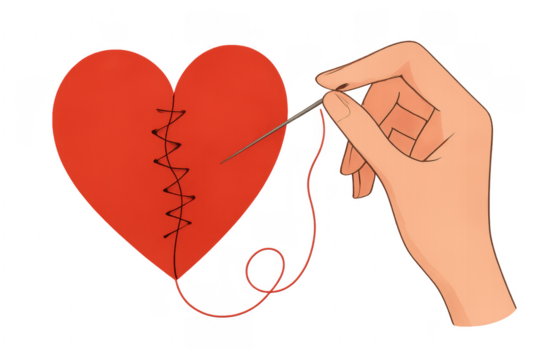 Hand Sewing Broken Red Heart with Needle and Thread on Transparent Background