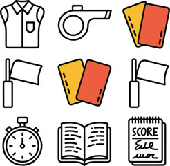 Basketball Officiating Icon Pack Referee Shirt, Whistle, Yellow and Red Cards, Stopwatch, Signal Flags, Rulebook, Score Sheet