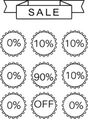 Isolated flat vector sale discount badges, red circular icons with yellow SALE ribbons, bold white percentage numbers, clean consistent design, promotional discount tags for retail