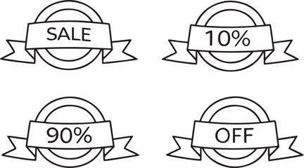 Isolated black circular sale discount badges with yellow rectangular SALE ribbons, bold white percentage text, flat vector style, consistent design for clearance and promotional offers