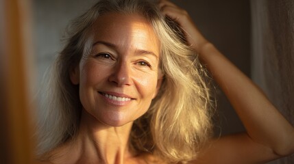 Fototapeta premium Radiant woman smiling in warm light with soft flowing hair