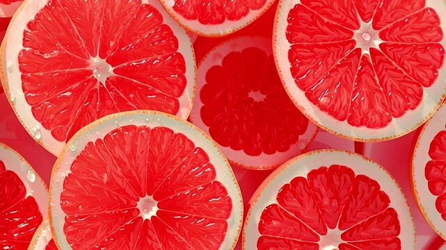 Sliced red grapefruit arranged in a circular pattern. The vibrant pink flesh and white rind are clearly visible, showcasing the fruit's juicy texture.
