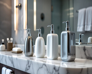 A bathroom counter featuring soap dispensers and neatly arranged towels.