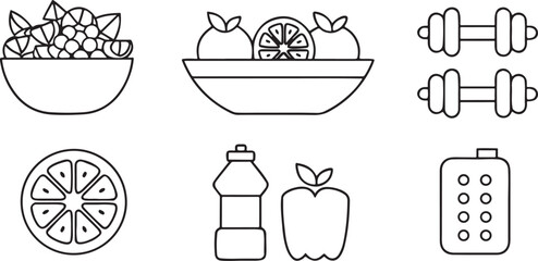 Isolated vector icons set for healthy food and nutrition including salad bowl, vitamins, fruits, water bottle, balanced meal, calorie count, clean organic style, diet, nutrition, wellness lifestyle