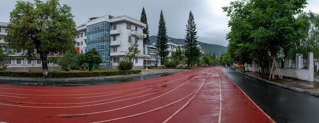 Asphalt Road Connecting to Campus Entrance by Green Trees, Red Track, and White Educational Building in Sunshine