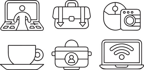 Isolated editable vector remote work and digital nomad lifestyle icons set including laptop, coffee cup, travel bag, WiFi signal, video call, work desk, modern flat design, remote working tools
