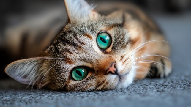 Adorable tabby cat with vivid green eyes lying on its back and looking playfully at the camera indoors on soft surface




