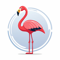 Fototapeta premium Cartoon flamingo illustration standing gracefully in a round frame with vibrant colors