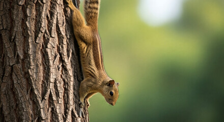 An Indian palm squirrel with striped fur climbs headfirst down a textured tree trunk.