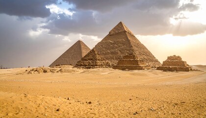 Ancient Pyramids in Desert Sandstorm Famous great Giza Pyramids in sand desert in Cairo.