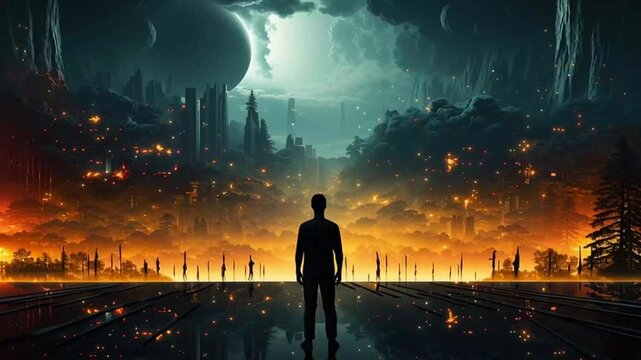 A man against the backdrop of a dark futuristic city. The frame shows bright orange lights, towering buildings and an impressive sky with a large moon. City of the future, digital technologies of the 
