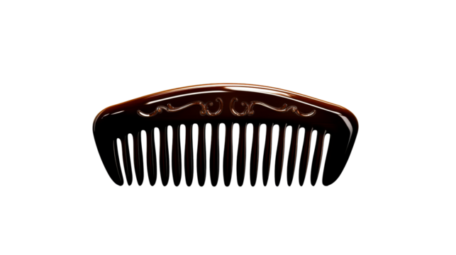 Brown hair comb with intricate design and transparent background
