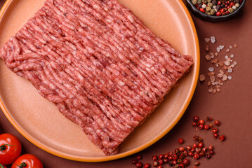 Raw ground beef meat food, ingredient for making cutlets or meatballs. Raw ground beef