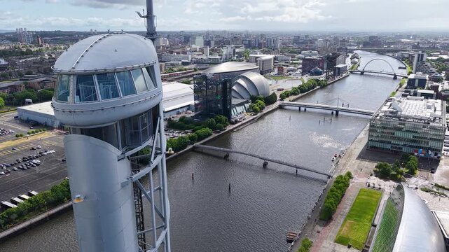 Aerial footage of Science Centre Tower in Glasgow, Scotland, UK