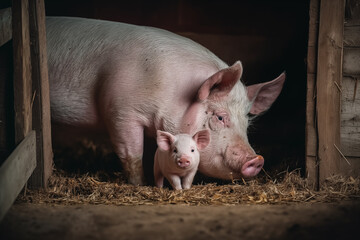 A large pig stands in a wooden enclosure with straw. A small piglet stands in front of the adult pig. Organic farming. Livestock.