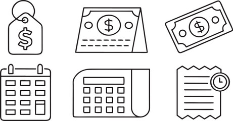 Isolated editable black vector icons, pricing and value display, dollar sign, cost breakdown calculator, discount label, tag icon, chart for sales analysis, shopping receipt document
